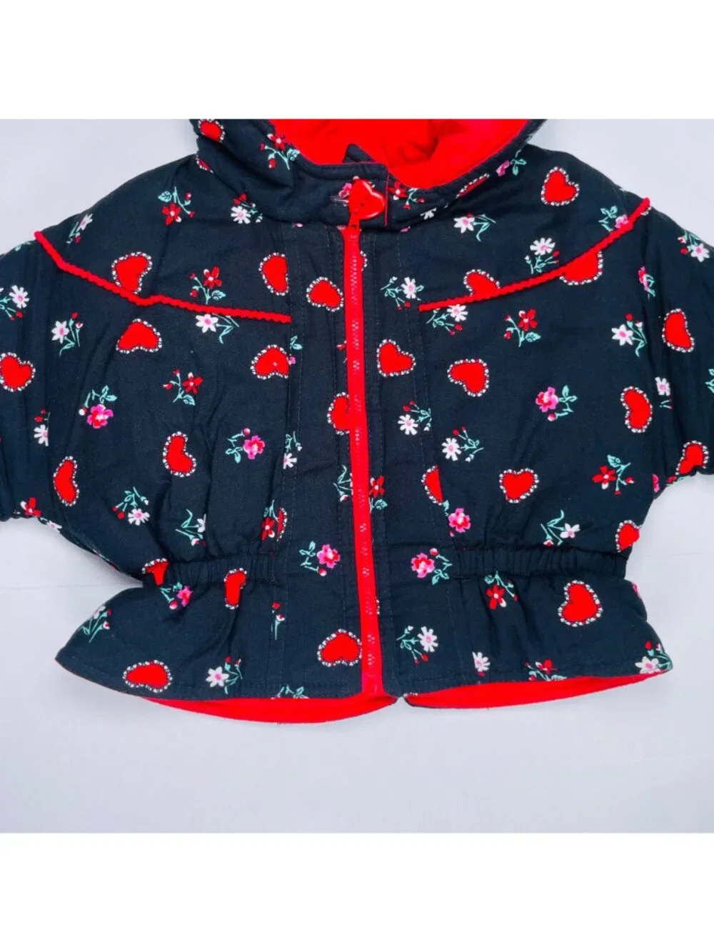 Vintage Baby Girls Black + Red Heart + Floral Print Winter Puffer Coat 12m